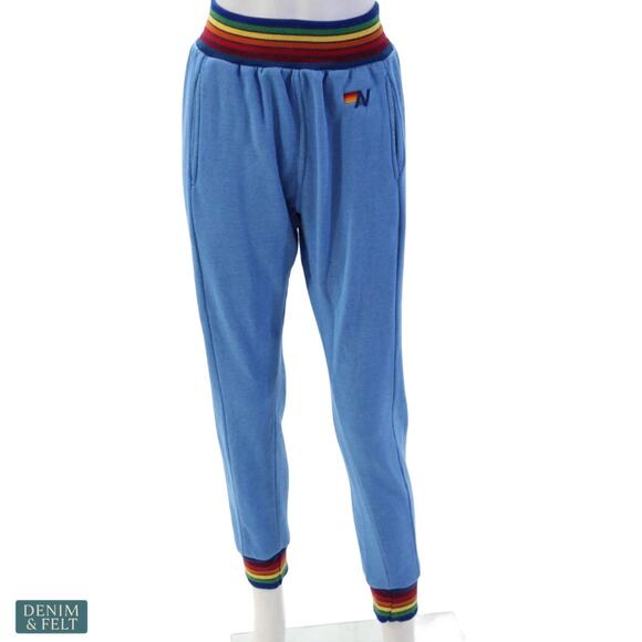 Aviator Nation Rainbow Stripe Sweatpants Blue Retro Coastal Cozy Luxe Joggers SM
